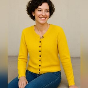 Pure Handknit Sweater 100%Cotton Yellow With Button Detail V-Neck Size M/L